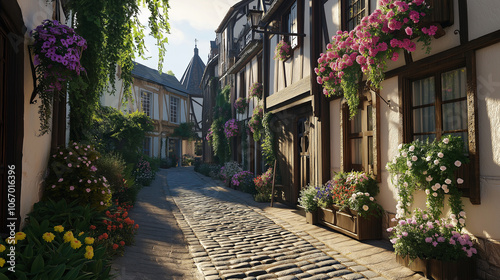 Fototapeta Naklejka Na Ścianę i Meble -  Quaint European Street with Flower Boxe
