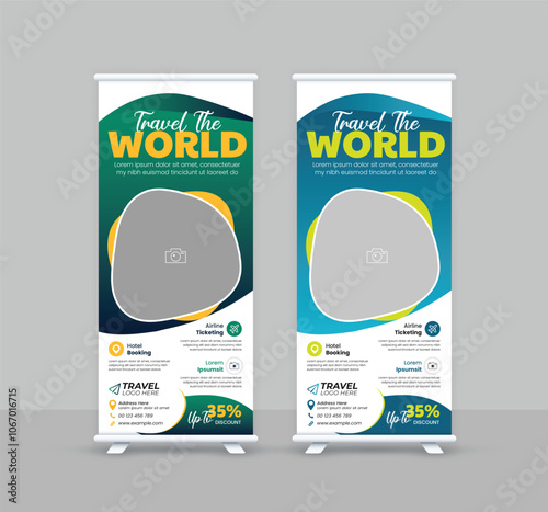 Travel business standee rollup design modern business trip signage pullup tour packages retractable x banner template