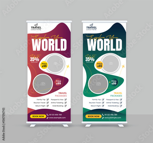 Travel business standee rollup design modern business trip signage pullup tour packages retractable x banner template