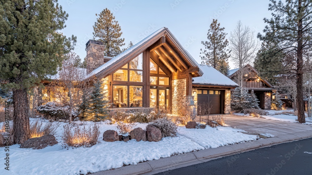 A beautiful snowy mountain home with log architecture, surrounded by trees, creating a cozy winter atmosphere. A beautiful snowy mountain home with log architecture, surrounded by trees, creating a cozy winter atmosphere.