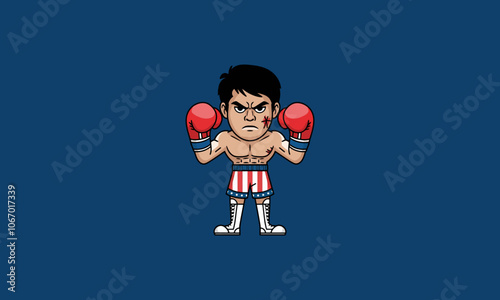 Determined cartoon boxer in American flag shorts, ready