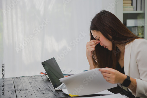 An Asian businesswoman sits at her desk, overwhelmed by deadlines and responsibilities. Her brow furrows as she juggles tasks, feeling the weight of pressure and expectations mounting around her.