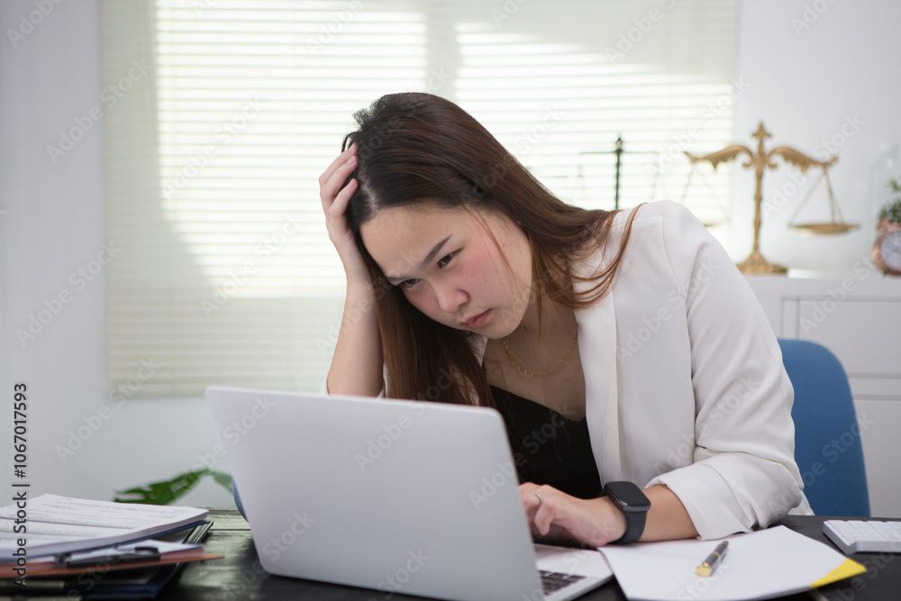 An Asian businesswoman sits at her desk, overwhelmed by deadlines and responsibilities. Her brow furrows as she juggles tasks, feeling the weight of pressure and expectations mounting around her. An Asian businesswoman sits at her desk, overwhelmed by deadlines and responsibilities. Her brow furrows as she juggles tasks, feeling the weight of pressure and expectations mounting around her.
