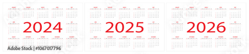 Pocket calendars for 2024 2025 2026, week starts from sunday, vector illustration