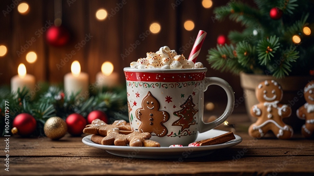 Christmas Hot Chocolate Mug, Gingerbread Cookies, Candy Cane, Cinnamon Sticks, Pinecone, Gifts and Tree Branches Christmas Hot Chocolate Mug, Gingerbread Cookies, Candy Cane, Cinnamon Sticks, Pinecone, Gifts and Tree Branches