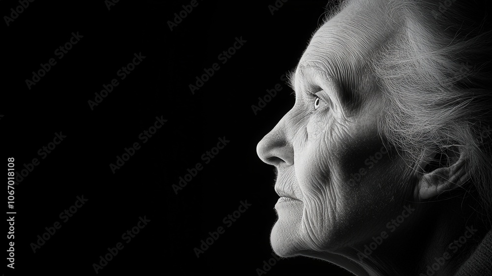 A black-and-white profile portrait of an elderly woman, highlighting the textures and details of her weathered skin against a dark background. A black-and-white profile portrait of an elderly woman, highlighting the textures and details of her weathered skin against a dark background.