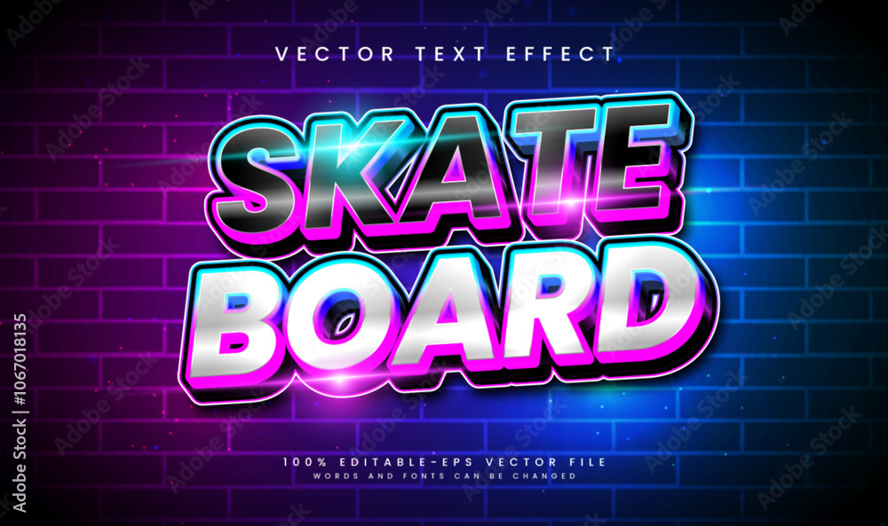 Modern skateboard editable vector text effect with glowing light concept.