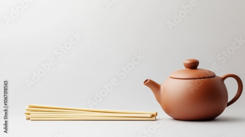 Bamboo straw beside ceramic teapot, minimalist tea setup