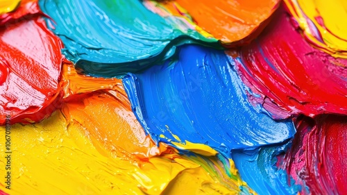 A vibrant close-up of textured paint strokes in bright colors, showcasing dynamic layers of blue, orange, red, and yellow.