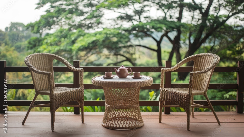 Relaxing Tea Break on a Wicker Patio with Stunning Views Relaxing Tea Break on a Wicker Patio with Stunning Views