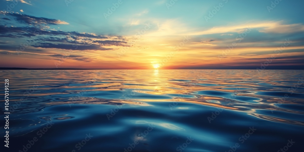 Fototapeta premium A peaceful ocean stretches to the horizon under a colorful sunset sky filled with hues of orange and blue.