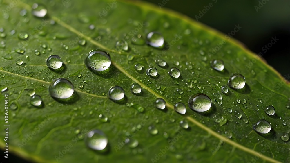 Macro shot capturing a single water droplet on a detailed leaf pattern. Macro shot capturing a single water droplet on a detailed leaf pattern.