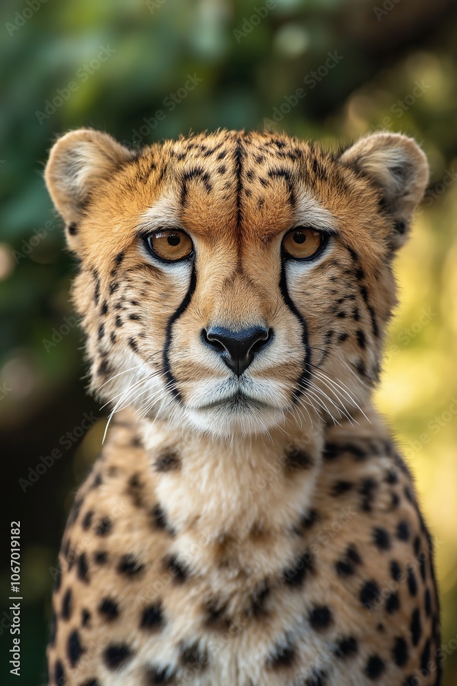 A captivating close-up of a cheetah's face with intense eyes and distinctive spotted fur marking. A captivating close-up of a cheetah's face with intense eyes and distinctive spotted fur marking.