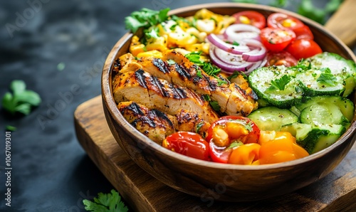 Delicious bowl of grilled chicken and fresh vegetables on rustic wooden board for healthy meal preparation