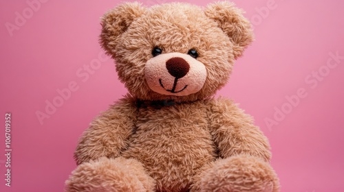 A fluffy brown teddy bear sits against a pink background, looking directly at the camera with a friendly smile.