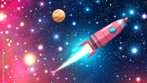 Wallpaper Mural colorful illustration of rocket traveling through space, with planet nearby and vibrant starry background. scene captures excitement of interstellar travel Torontodigital.ca