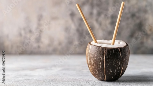 Bamboo straw in handcrafted coconut cup, tropical sustainability