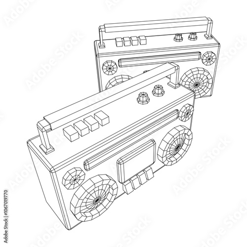 Retro Boombox outdated portable cassette tape recorder. Wireframe low poly mesh vector illustration.