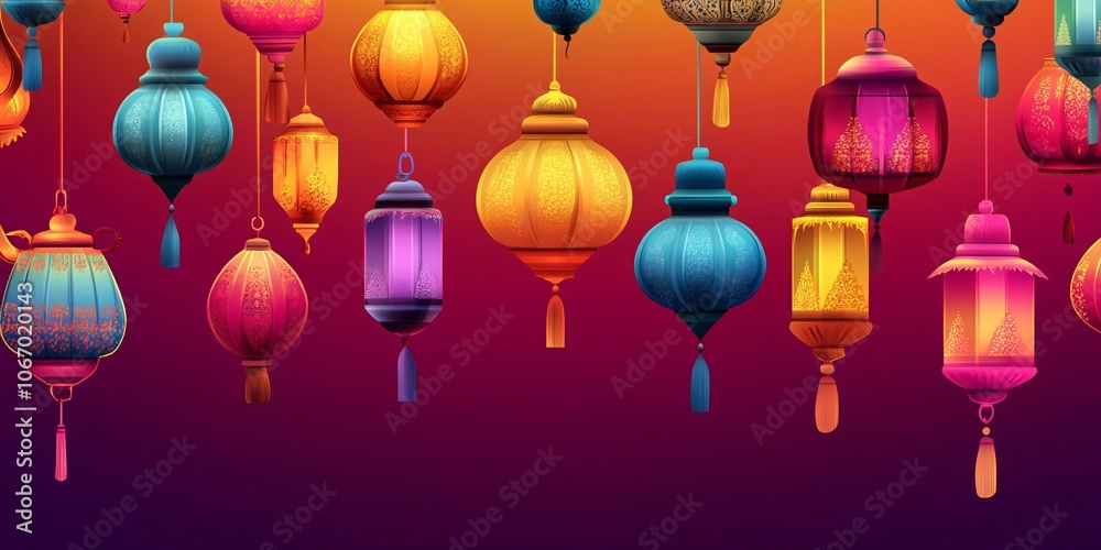 Colorful Lanterns Hanging Against a Red Background Colorful Lanterns Hanging Against a Red Background