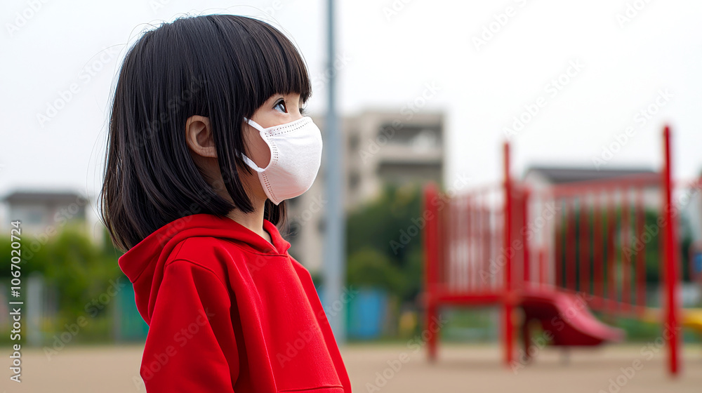 Fototapeta premium A young girl in a red hoodie wearing a mask stands at a playground, emphasizing safety and health awareness.