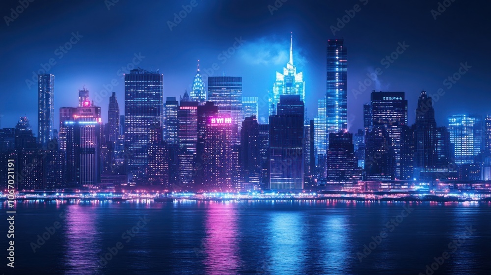 Obraz premium Financial district skyline with stock ticker overlay, dynamic numbers scrolling, city lights