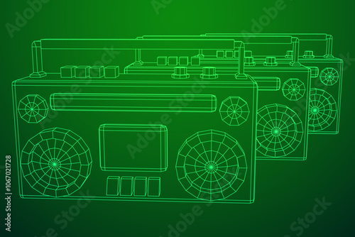 Retro Boombox outdated portable cassette tape recorder. Wireframe low poly mesh vector illustration.