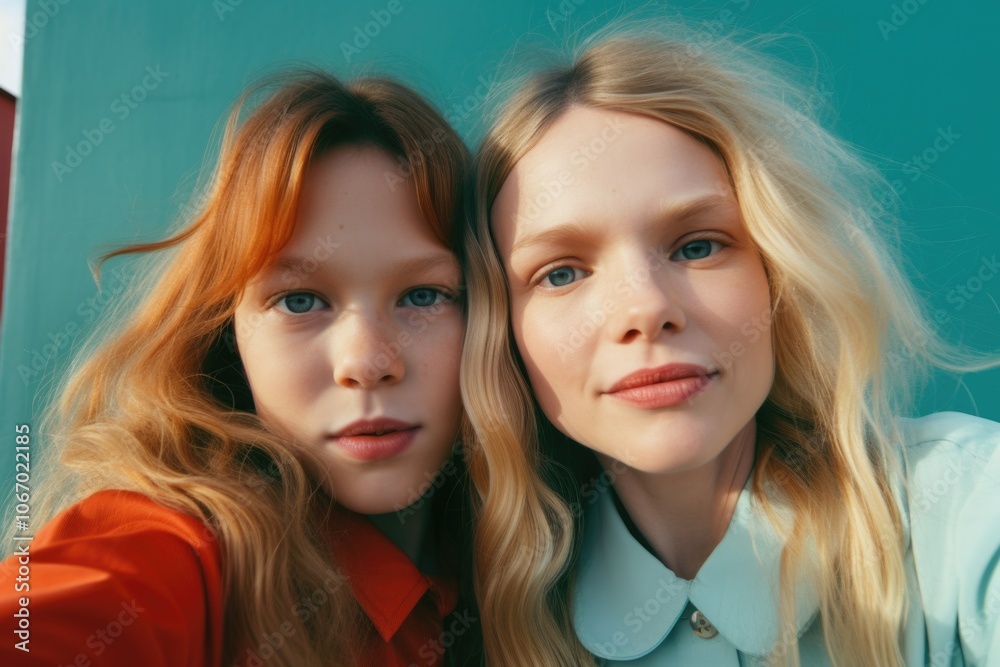 Two young women posing for a selfie with a mirror. Both smiling and showing their reflection. Two young women posing for a selfie with a mirror. Both smiling and showing their reflection.