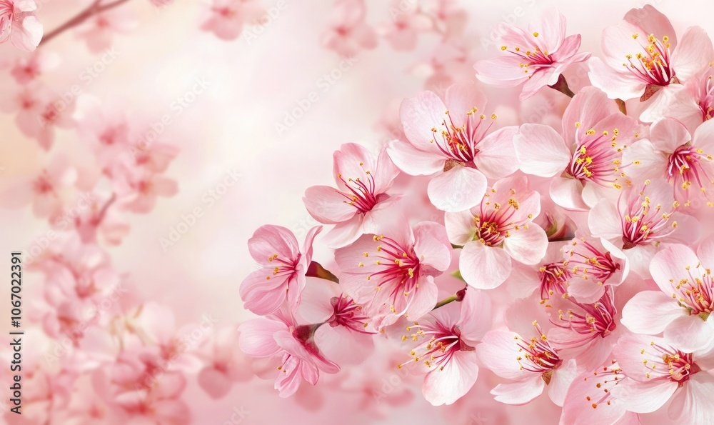 Delicate Pink Cherry Blossoms or Sakura Flowers in Springtime Floral Arrangement. Soft, Romantic and Serene Backdrop with Vibrant Petals and Fragrant Blooming Branches Delicate Pink Cherry Blossoms or Sakura Flowers in Springtime Floral Arrangement. Soft, Romantic and Serene Backdrop with Vibrant Petals and Fragrant Blooming Branches