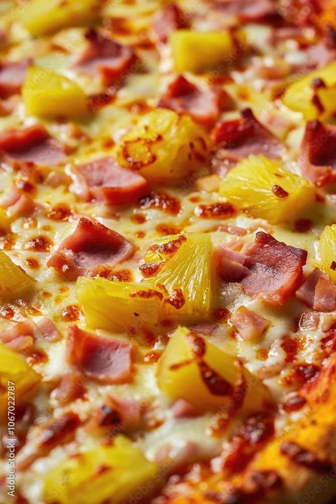 A vegetarian pizza with ham and pineapple toppings, baked to a golden crust. The cheese is melted over the savory toppings.