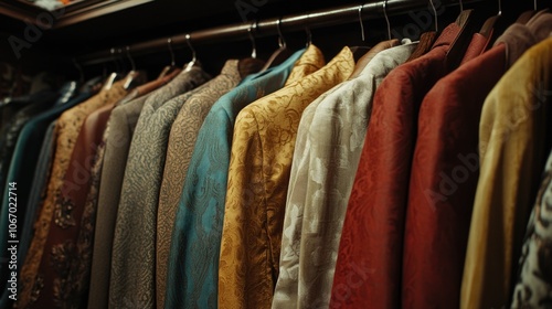 Brightly colored men's robes on hangers in a store. Diverse cultural and fashion styles.