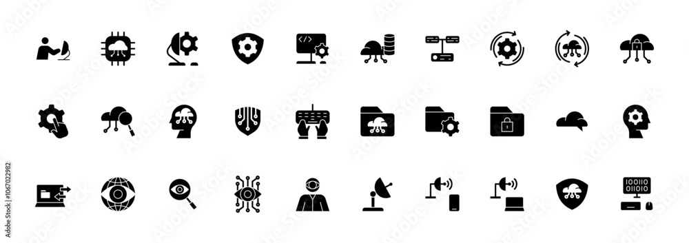  Icon Glyph Information Technology icon set. Included cloud computing, IT manager, big data, internet, network security, spyware, cloud computing, binary code and more. Solid black style