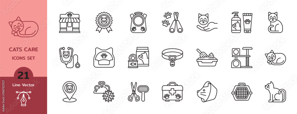 Cats Care line icons vector set. Linear icon Isolated on white background. Cats Care line icons vector set. Linear icon Isolated on white background.