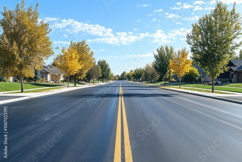 Empty street lined with trees and houses, autumn colors, clear blue sky