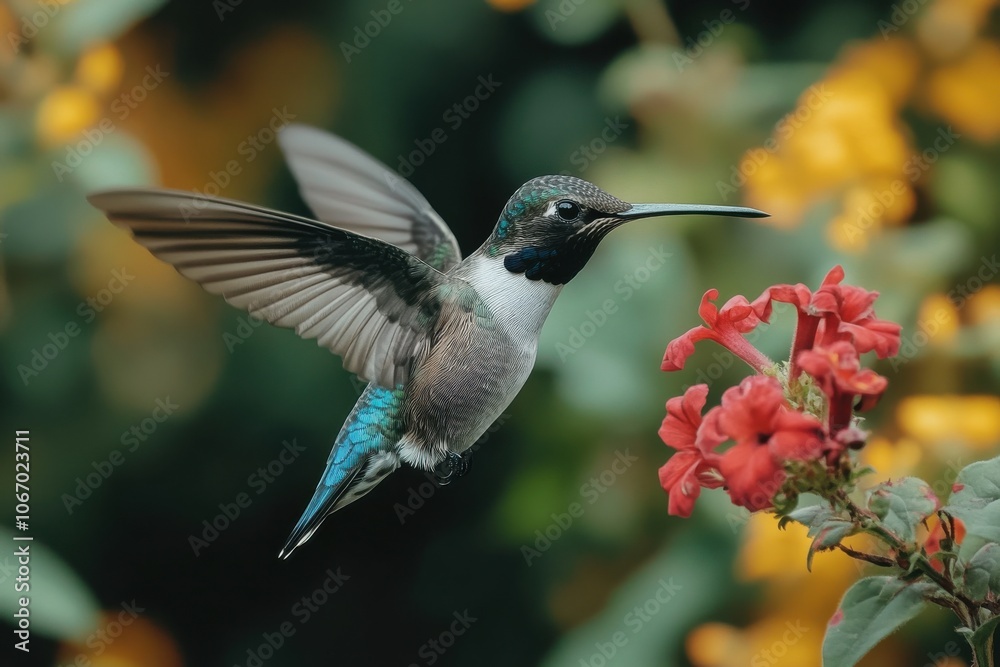 Fototapeta premium Two Hummingbirds with Long Beaks and Colorful Feathers