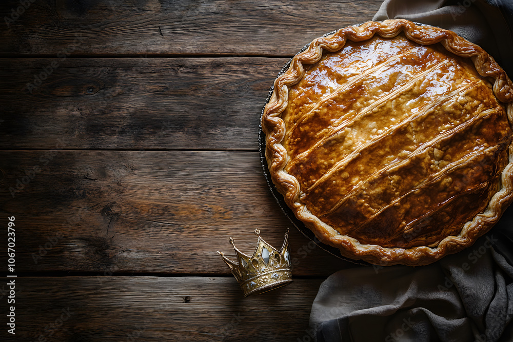 Traditional Galette des Rois with Elegant Crown on Rustic Table Traditional Galette des Rois with Elegant Crown on Rustic Table
