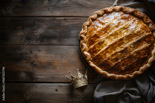 Traditional Galette des Rois with Elegant Crown on Rustic Table 