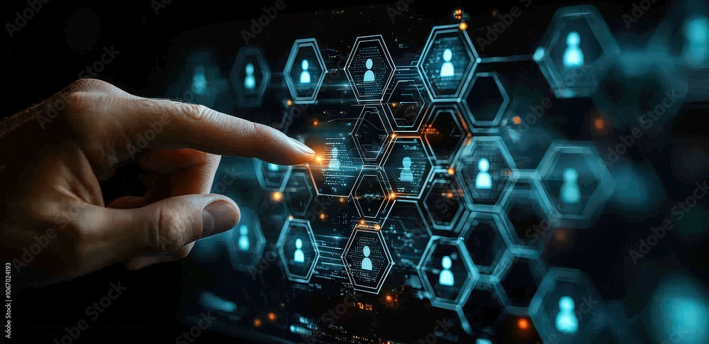 Hand touching a digital screen with icons of heads, gears, and people in hexagon shapes on a dark background, representing business development Hand touching a digital screen with icons of heads, gears, and people in hexagon shapes on a dark background, representing business development