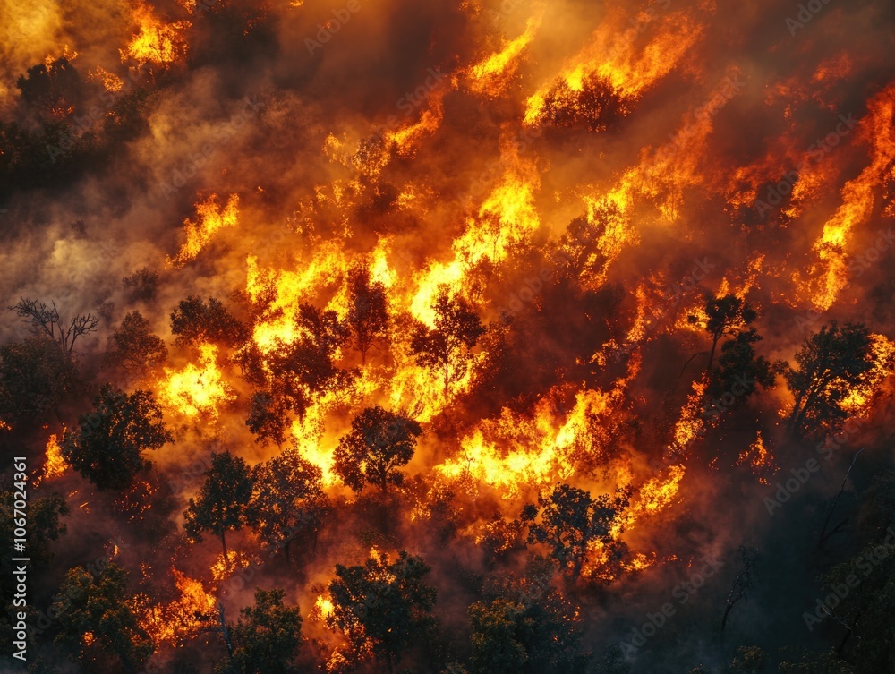 Forest fire is raging with flames and smoke. The fire is so intense that it is difficult to see the ground. The trees are burning and the sky is filled with smoke. Scene is one of destruction Forest fire is raging with flames and smoke. The fire is so intense that it is difficult to see the ground. The trees are burning and the sky is filled with smoke. Scene is one of destruction