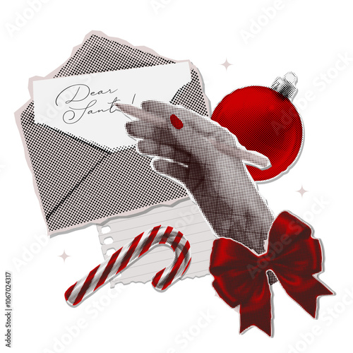 Hand writing Letter to Santa in halftone collage style. Black and white monochrome vector illustration with festive red.