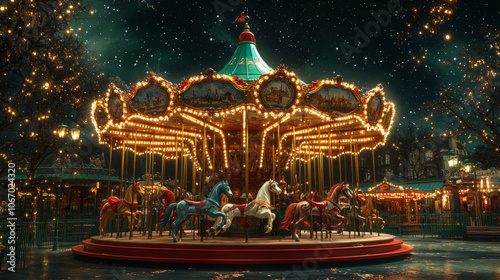 A carousel with colorful horses, decorated with twinkling lights, in an amusement park. A magical wonderland.