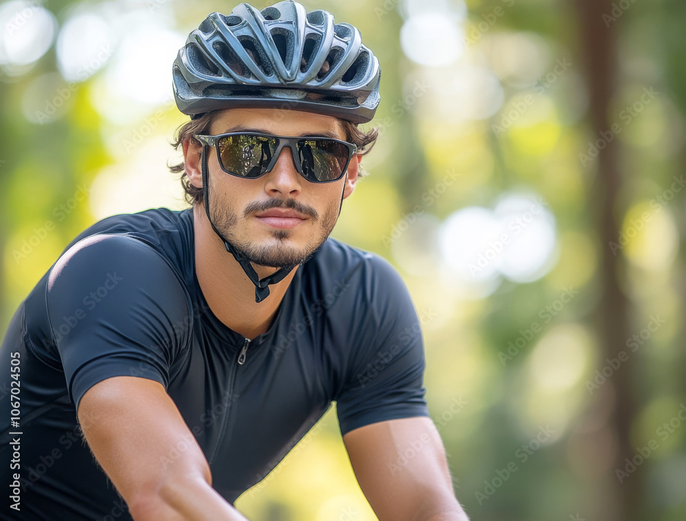 Professional male cyclist in sports gear riding a racing bike on a park road Professional male cyclist in sports gear riding a racing bike on a park road