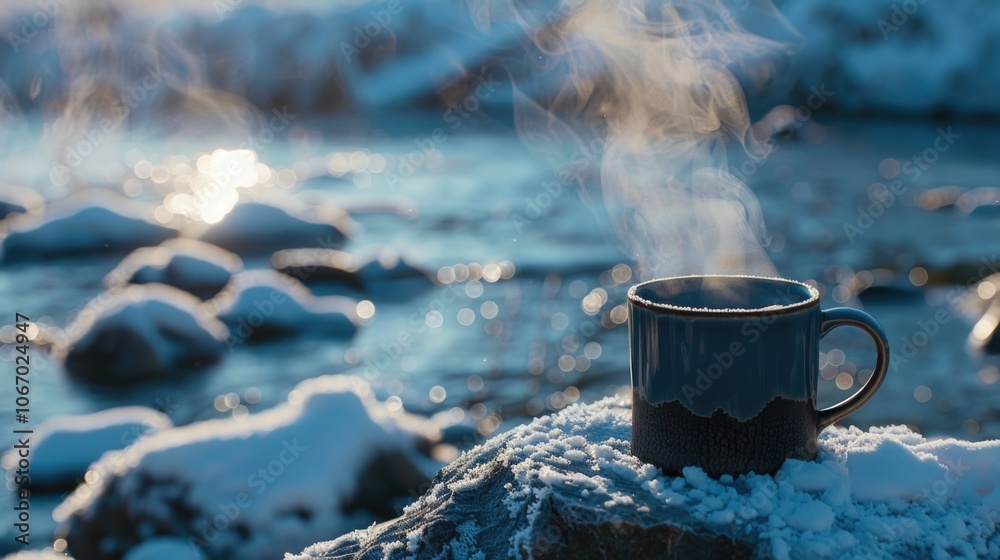 Mug of coffee on rocks near snow-covered stream. Winter landscape. Warmth in cold surroundings. Mug of coffee on rocks near snow-covered stream. Winter landscape. Warmth in cold surroundings.