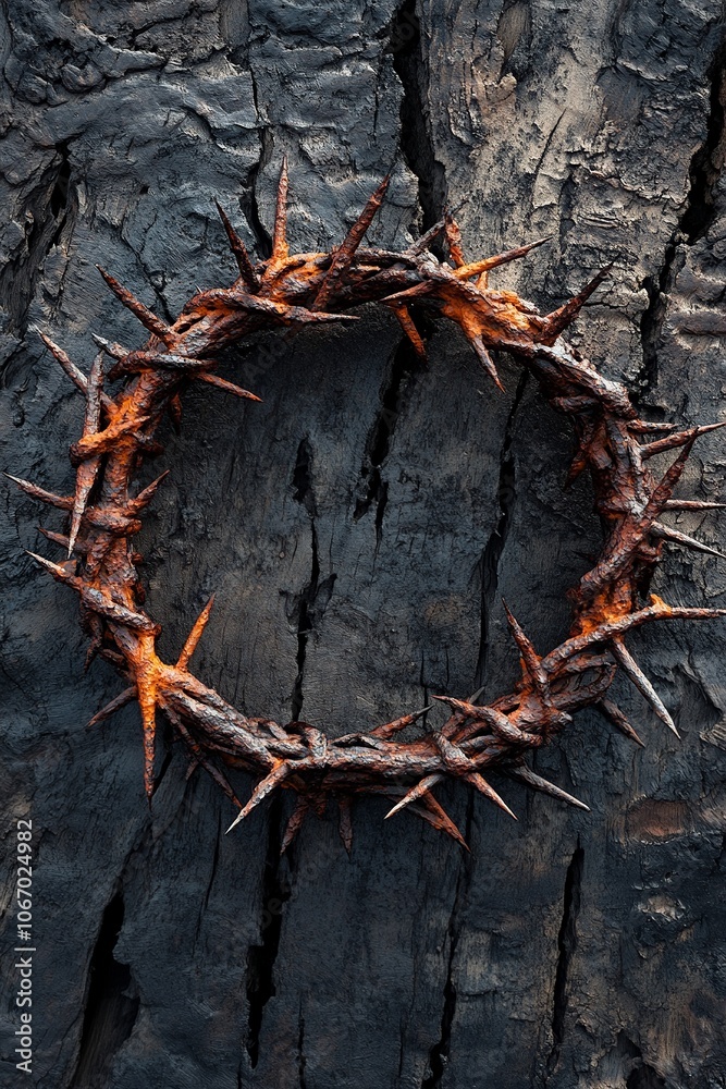 This evocative image showcases a powerful display of a crown of thorns and nails artistically arranged on aged wood, set against a dramatic sky with rays of light piercing through dark clouds This evocative image showcases a powerful display of a crown of thorns and nails artistically arranged on aged wood, set against a dramatic sky with rays of light piercing through dark clouds