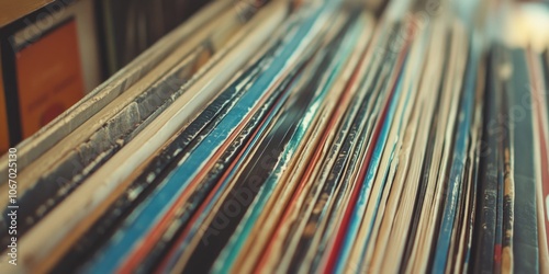 Vinyl record albums on a shelf, showcasing a personal music collection. photo