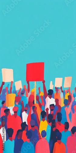 Colorful Protest Illustration with Diverse Crowd Holding Signs Under Clear Sky