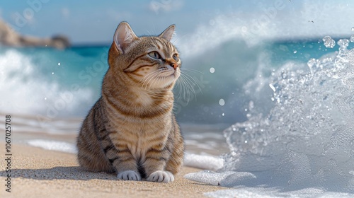 A cat relaxing by the ocean. photo