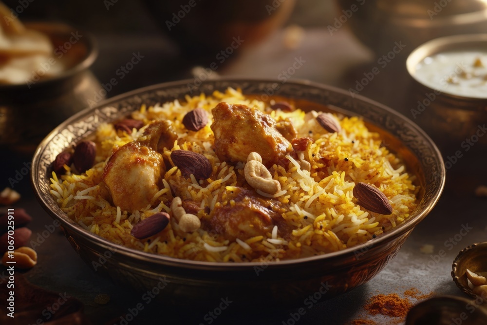 An inviting serving of biryani, a delicious Indian dish made with rice, meat, and seasoned with cumin seeds. A delightful mix of spices and nuts sprinkled on top. An inviting serving of biryani, a delicious Indian dish made with rice, meat, and seasoned with cumin seeds. A delightful mix of spices and nuts sprinkled on top.