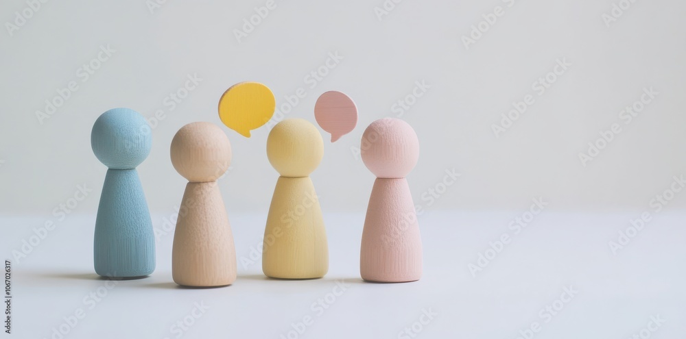 Wooden figurines with colorful speech bubbles symbolize communication and dialogue Wooden figurines with colorful speech bubbles symbolize communication and dialogue