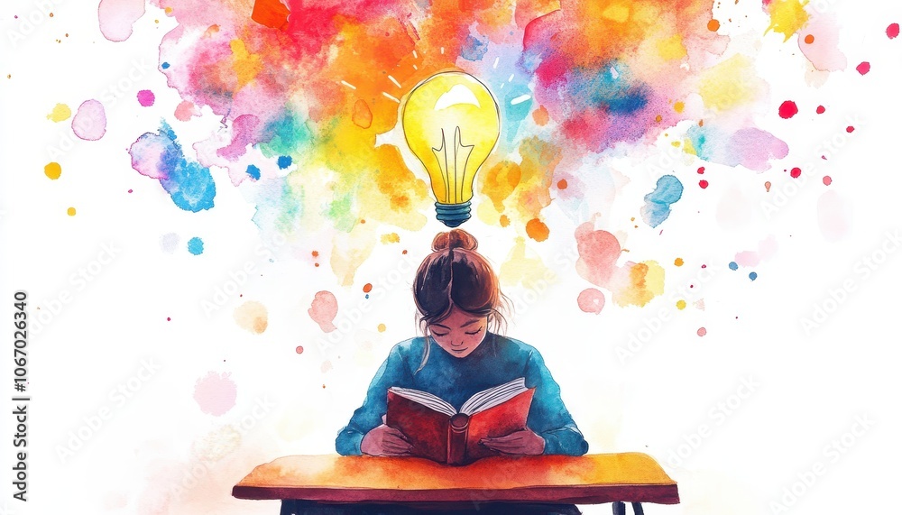 Student Reading with Colorful Imagination Concept Student Reading with Colorful Imagination Concept