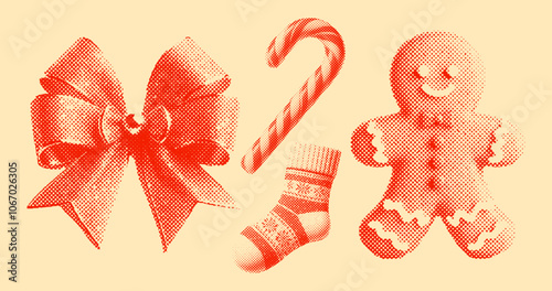 Christmas set with a candy cane, gingerbread, winter sock and a bow, vintage photocopy halftone style, grunge illustration collection 